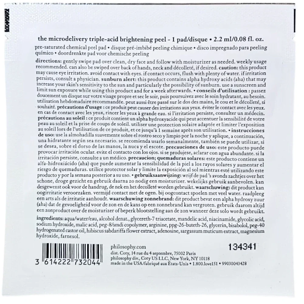 PHILOSOPHY The Microdelivery Triple-Acid Brightening (1) Peel Pad 0.08 oz 2.2 ml